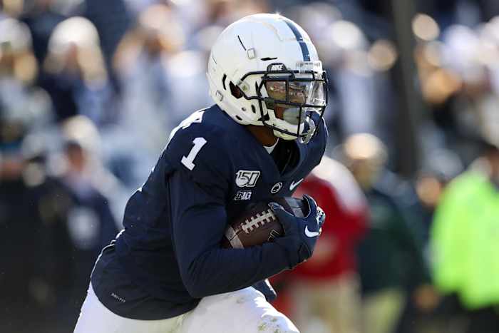 Nov 16, 2019; University Park, PA, USA; Penn State Nittany Lions wide receiver KJ Hamler (1) runs with the ball on a punt return during the first quarter against the Indiana Hoosiers at Beaver Stadium.
